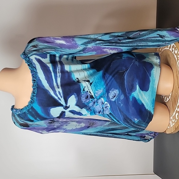 Forbidden Blue Ruffle Neck-line Sheer Balloon Sleeves Blouse - Picture 6 of 17